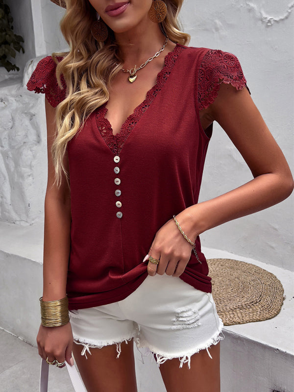 Women's V-neck patchwork lace sleeves knitted top