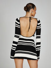 Women's bell sleeves backless striped slim knitted dress