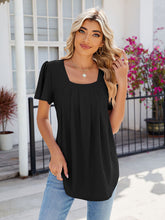 Women's Square Neck Bell Sleeve Pleated Short Sleeve Loose T-Shirt