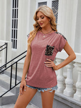 Women's round neck short-sleeved leopard print pocket casual T-shirt