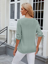 Women's V-neck three-quarter sleeve button drawstring loose T-shirt top