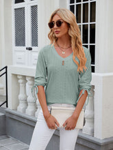 Women's V-neck three-quarter sleeve button drawstring loose T-shirt top