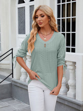 Women's V-neck three-quarter sleeve button drawstring loose T-shirt top