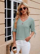 Women's V-neck three-quarter sleeve button drawstring loose T-shirt top