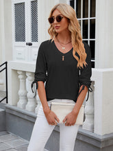 Women's V-neck three-quarter sleeve button drawstring loose T-shirt top