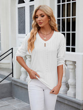 Women's V-neck three-quarter sleeve button drawstring loose T-shirt top