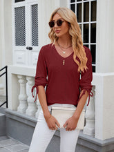 Women's V-neck three-quarter sleeve button drawstring loose T-shirt top