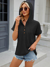 Women's buttoned hooded drawstring short-sleeved T-shirt top