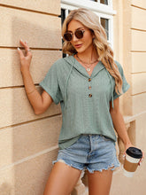 Women's buttoned hooded drawstring short-sleeved T-shirt top