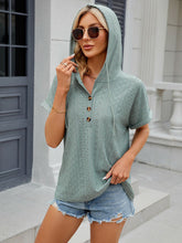 Women's buttoned hooded drawstring short-sleeved T-shirt top