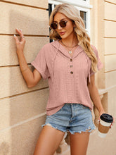 Women's buttoned hooded drawstring short-sleeved T-shirt top