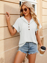 Women's buttoned hooded drawstring short-sleeved T-shirt top