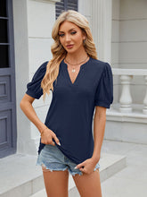 Women's V-neck puff sleeve pleated short-sleeved loose T-shirt