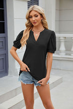 Women's V-neck puff sleeve pleated short-sleeved loose T-shirt