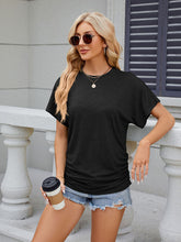 Women's round neck pleated solid color short-sleeved loose T-shirt top