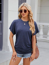 Women's round neck pleated solid color short-sleeved loose T-shirt top