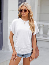 Women's round neck pleated solid color short-sleeved loose T-shirt top