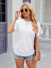 Women's round neck pleated solid color short-sleeved loose T-shirt top