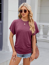 Women's round neck pleated solid color short-sleeved loose T-shirt top