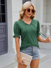 Women's V-neck drawstring pleated solid color short-sleeved loose T-shirt