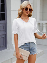 Women's V-neck drawstring pleated solid color short-sleeved loose T-shirt