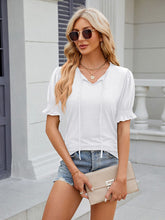 Women's V-neck drawstring pleated solid color short-sleeved loose T-shirt