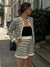 Women's striped simple cardigan shorts two-piece suit