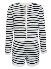 Women's striped simple cardigan shorts two-piece suit