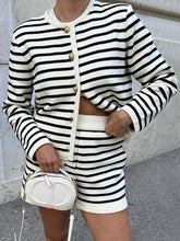 Women's striped simple cardigan shorts two-piece suit