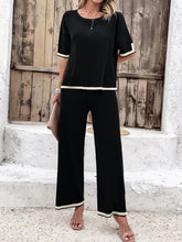 Women's casual color-blocked short-sleeved trousers knitted two-piece set