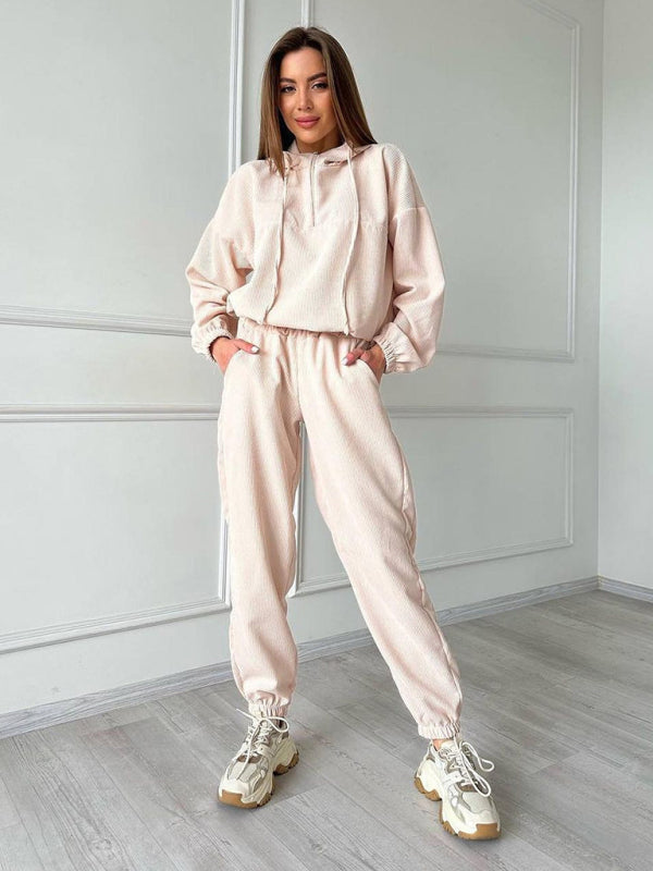 New long sleeve hooded zipper women's trousers suit two piece set