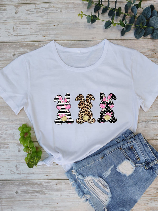 Women's Easter Leopard Print Floral Bunny Color Print T-Shirt