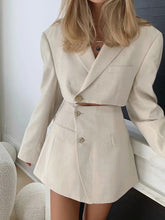 New fashionable casual diagonal button short blazer + high waist pocket skirt suit