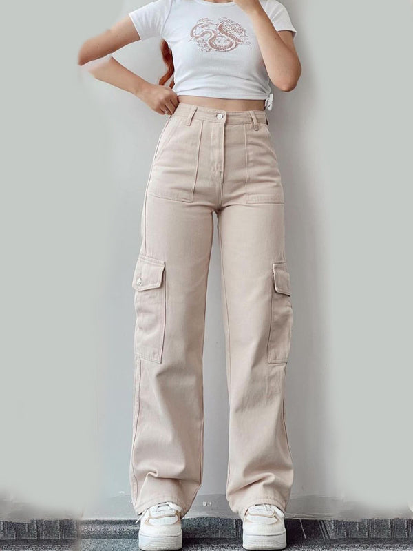 Versatile casual pants, mid-rise three-dimensional pocket trousers, waist-cinching overalls