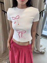 New bow solid color printed navel-baring short-sleeved T-shirt