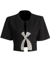 New style diamond sequined bow short-sleeved solid color slit top