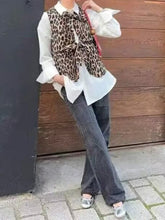 New V-neck bow decorated leopard print vest/high waist slim straight leopard print pants