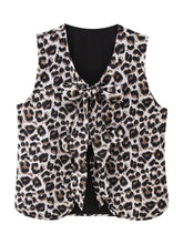 New V-neck bow decorated leopard print vest/high waist slim straight leopard print pants