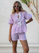 New bow striped short-sleeved shirt + shorts set