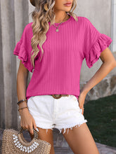 New solid color round neck ruffle sleeve short sleeve T-shirt top