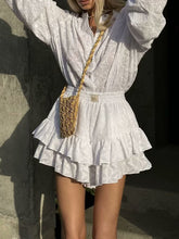 New Fashionable Round Neck Hollow Long Sleeve Shirt High Waist Ruffled Shorts Casual Suit