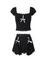 New Hot Girl Square Neck Bow High Waist Short Sleeve Top Low Waist Lace Skirt Suit