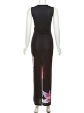 New women's fashionable sleeveless printed T-shirt slim fit hip-hugging slit skirt suit