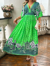 Spring and summer casual holiday printed V-neck long skirt