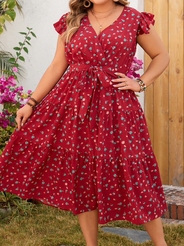 Plus size women's red printed sleeveless lace short-sleeved dress