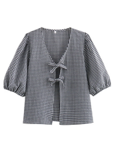 New women's lace-up plaid top + plaid shorts two-piece suit