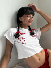 Red bow embroidered crew neck short gyaru top