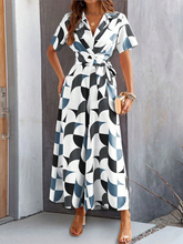 Women's Temperament Short Sleeve Contrast Color Print High Waist Jumpsuit
