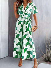 Women's Temperament Short Sleeve Contrast Color Print High Waist Jumpsuit
