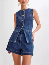 Women's Fashion Casual Sleeveless High Waist Denim Shorts Set